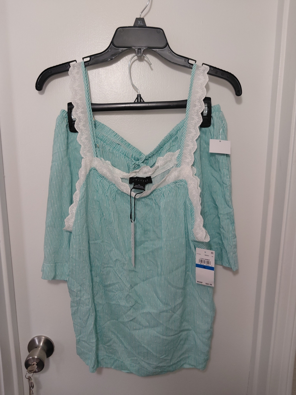 Sanctuary Mint Green Striped Off-Shoulder Pajama with White Lace